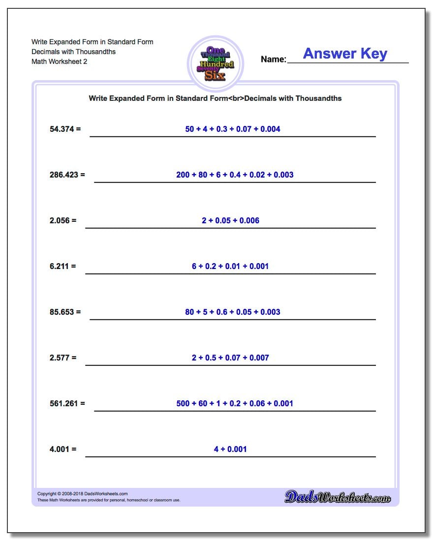 Write Expanded Form Worksheet in Standard Form Decimals with Thousandths www.dadsworksheets.com/worksheets/standard-expanded-and-word-form.html