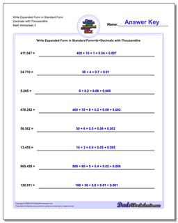 Write Expanded Form Worksheet in Standard Form Decimals with Thousandths