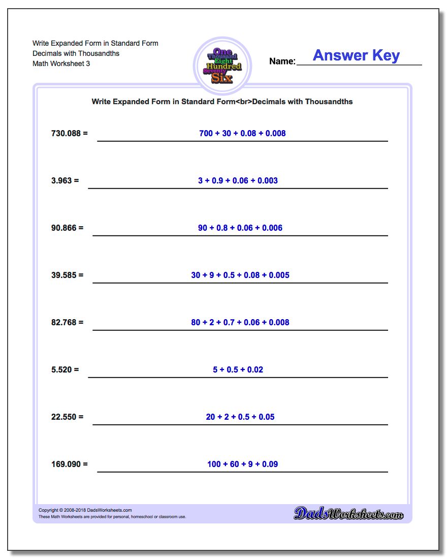 Write Expanded Form Worksheet in Standard Form Decimals with Thousandths