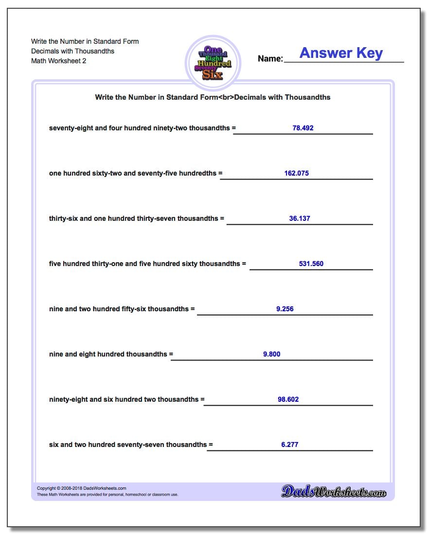 Write the Number in Standard Form Worksheet Decimals with Thousandths www.dadsworksheets.com/worksheets/standard-expanded-and-word-form.html