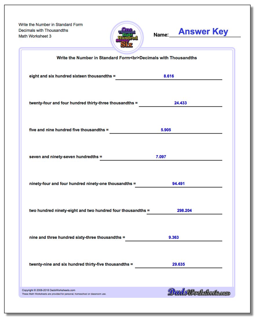 Write the Number in Standard Form Worksheet Decimals with Thousandths