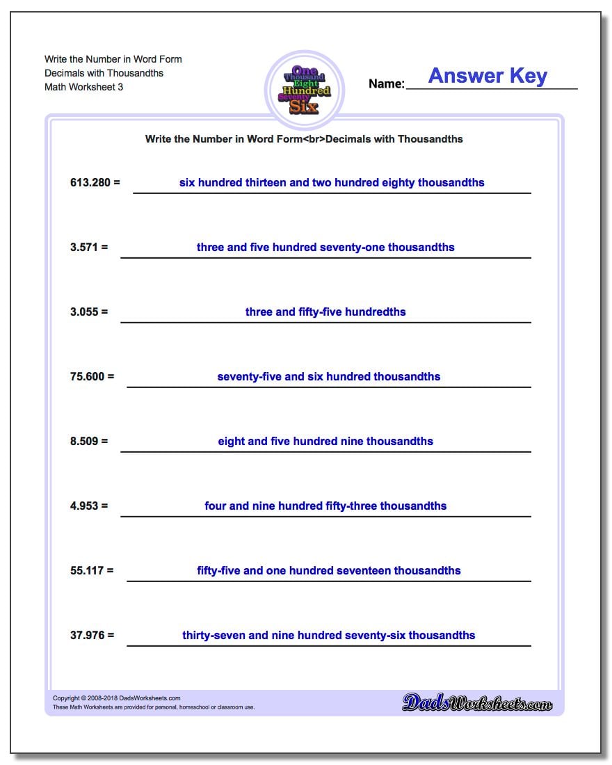 Numbers In Word Form Worksheet