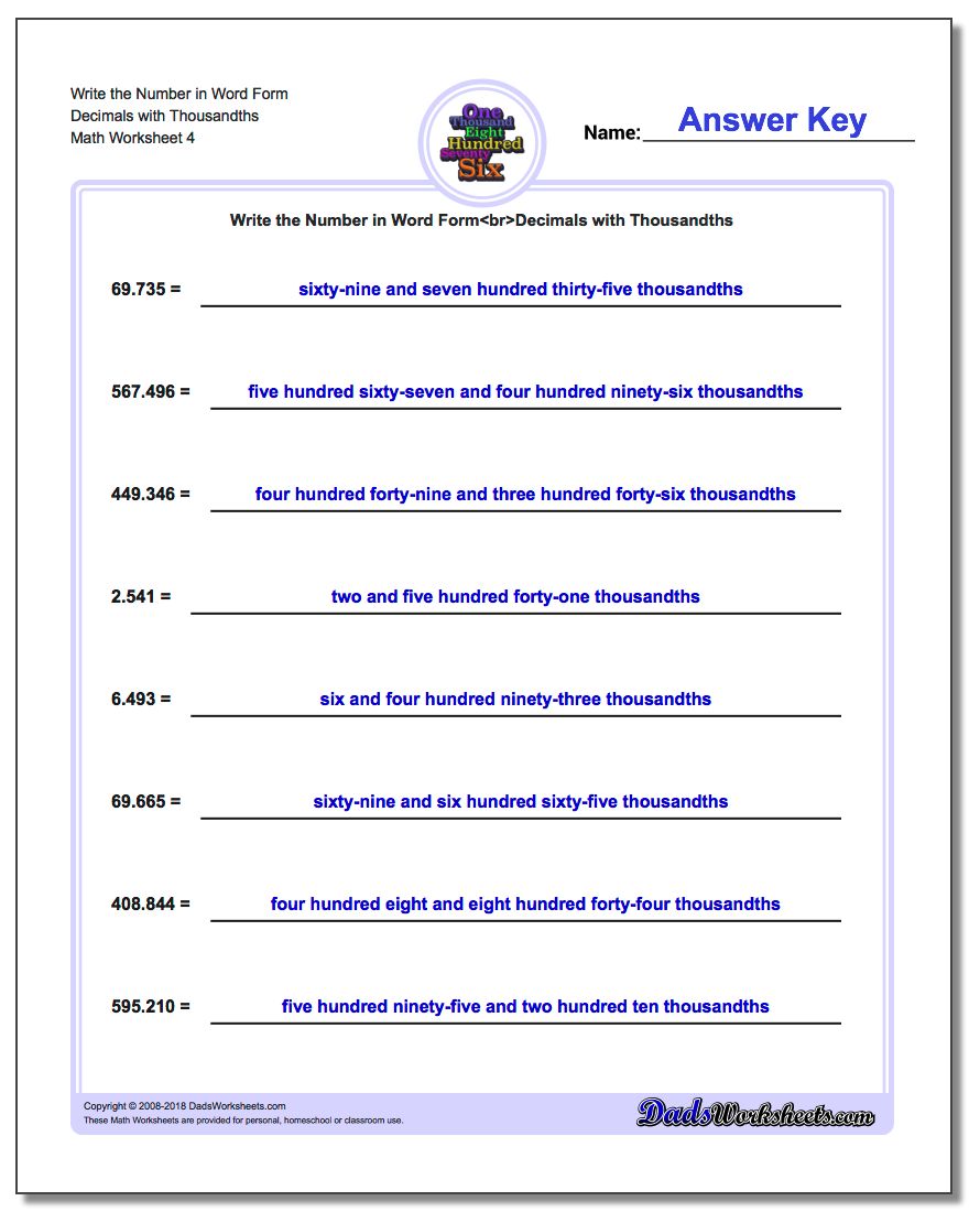 Write the Number in Word Form Worksheet Decimals with Thousandths