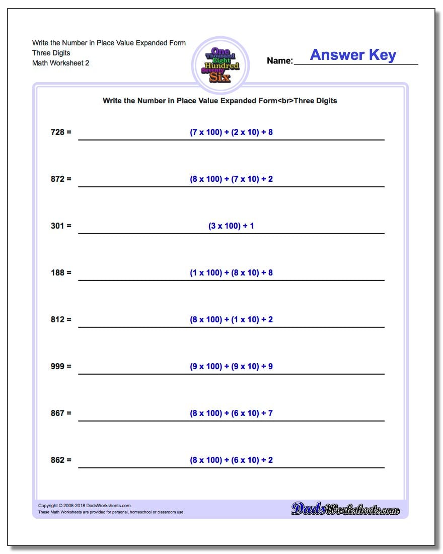 Write the Number in Place Value Expanded Form Worksheet Three Digits www.dadsworksheets.com/worksheets/standard-expanded-and-word-form.html