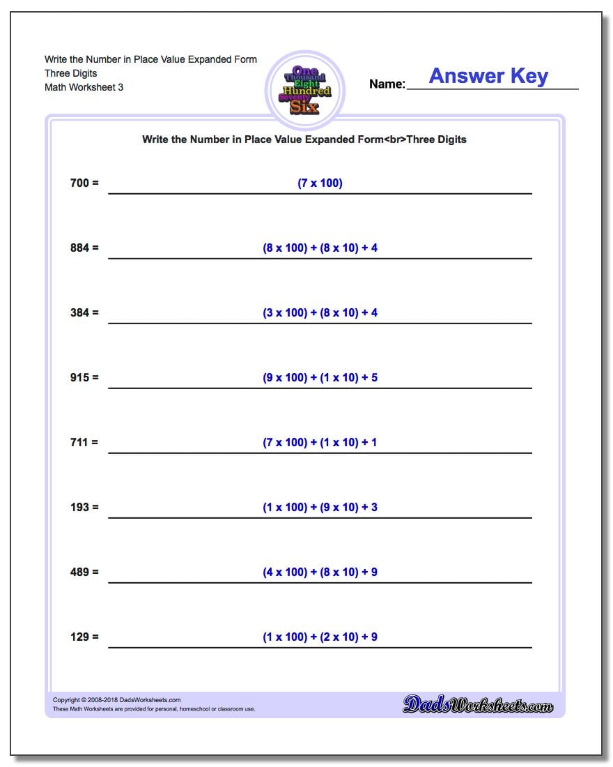 Write the Number in Place Value Expanded Form Worksheet Three Digits