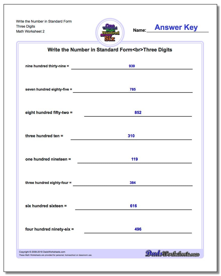 Write the Number in Standard Form Worksheet Three Digits www.dadsworksheets.com/worksheets/standard-expanded-and-word-form.html