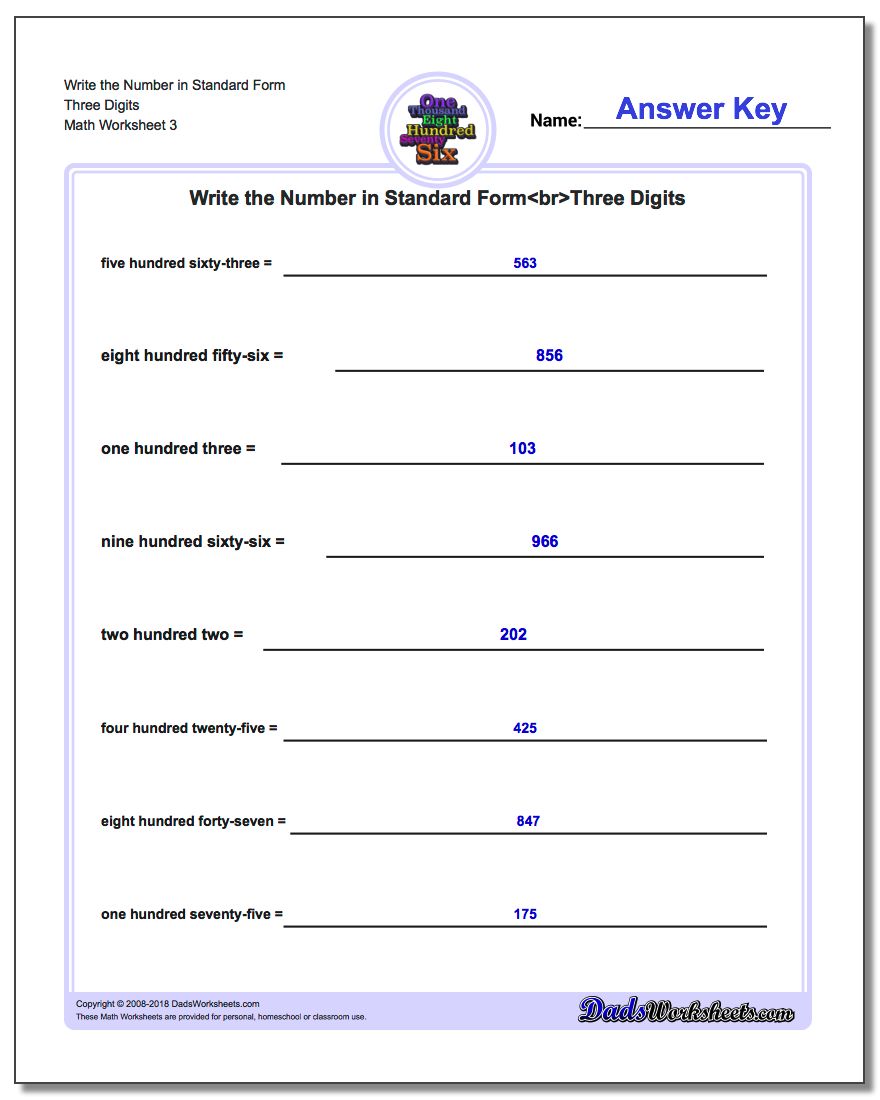 Write the Number in Standard Form Worksheet Three Digits
