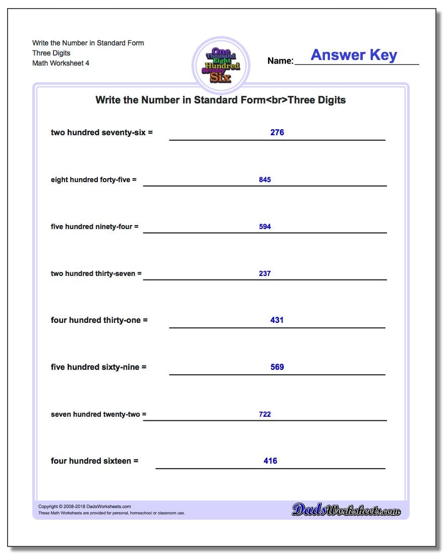 Write the Number in Standard Form Worksheet Three Digits