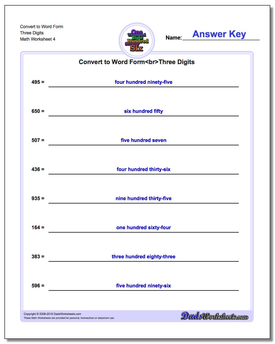 Convert to Word Form Worksheet Three Digits