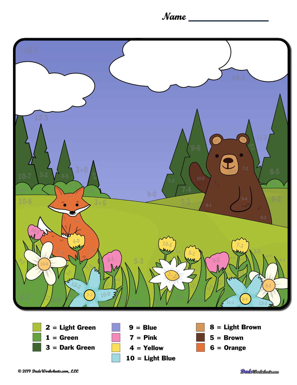 Spring Subtraction Color by Number Worksheet