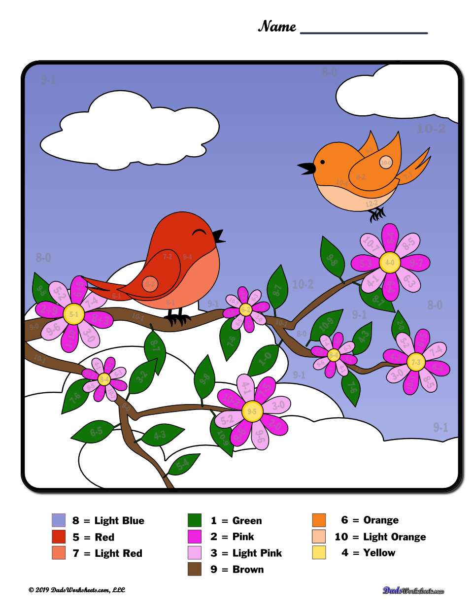Spring Subtraction Color by Number Worksheet