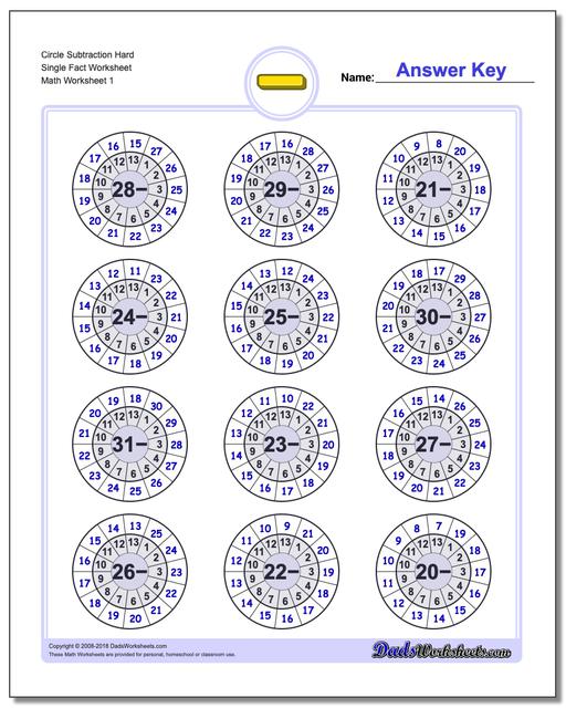 Subtraction Worksheet Circle Hard Single Fact Worksheet