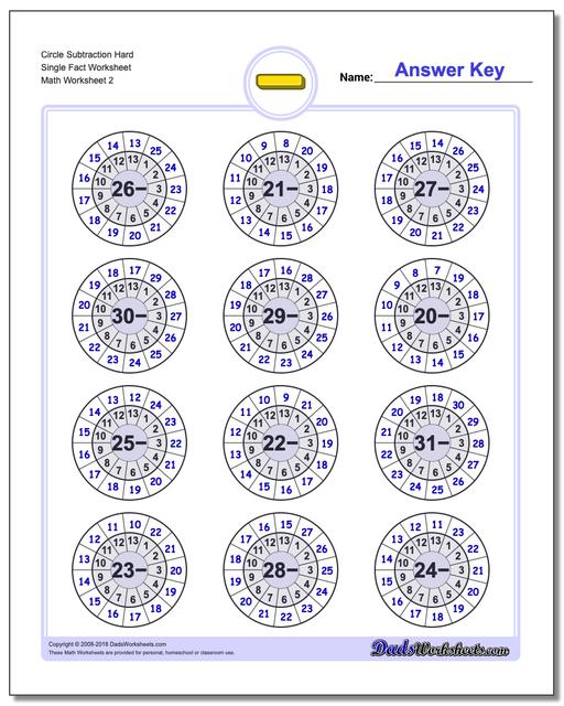Circle Subtraction Hard Single Fact Worksheet www.dadsworksheets.com/worksheets/subtraction.html