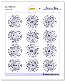 Circle Subtraction Hard Single Fact Worksheet