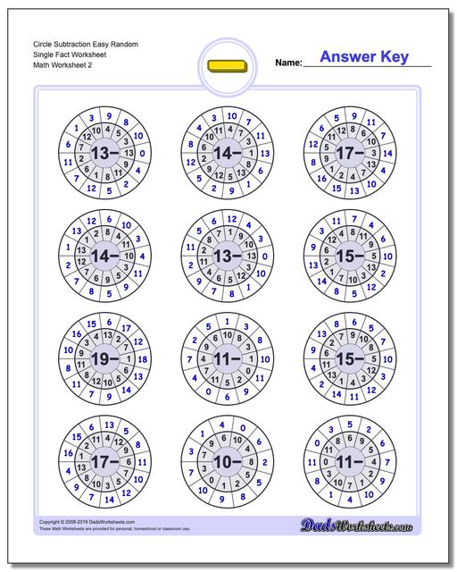 Circle Subtraction Easy Random Single Fact Worksheet www.dadsworksheets.com/worksheets/subtraction.html