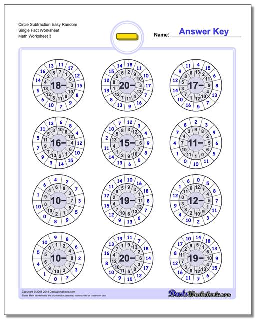Circle Subtraction Easy Random Single Fact Worksheet