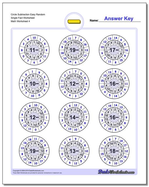 Circle Subtraction Easy Random Single Fact Worksheet