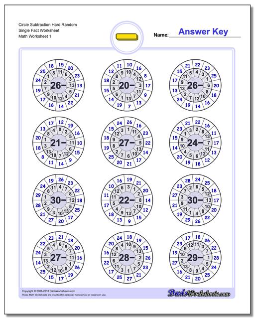 Subtraction Worksheet Circle Hard Random Single Fact Worksheet
