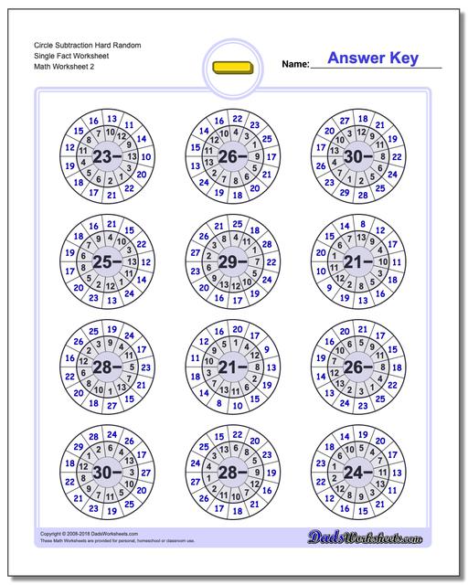 Circle Subtraction Hard Random Single Fact Worksheet www.dadsworksheets.com/worksheets/subtraction.html