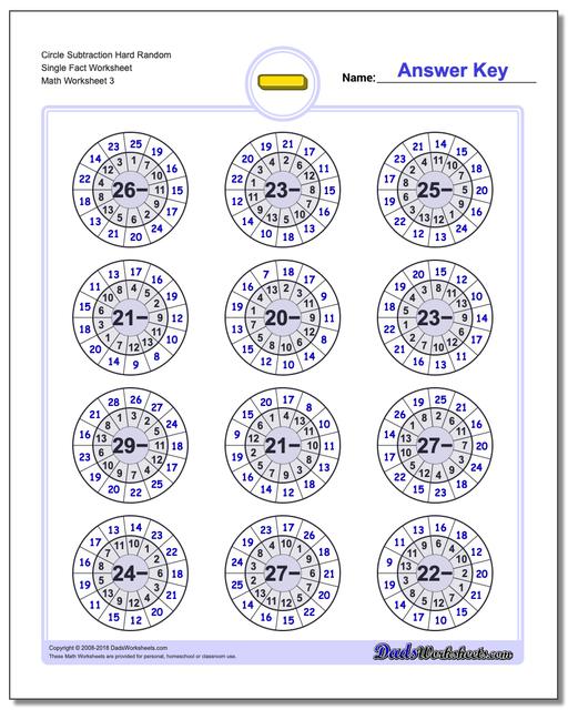 Circle Subtraction Hard Random Single Fact Worksheet