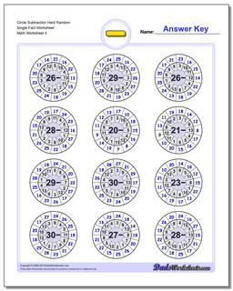 Circle Subtraction Hard Random Single Fact Worksheet