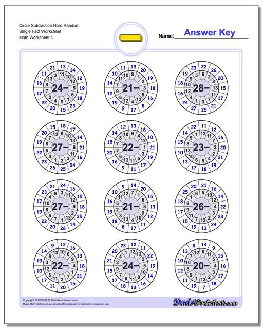 Circle Subtraction Hard Random Single Fact Worksheet