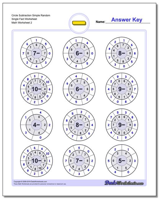 Circle Subtraction Simple Random Single Fact Worksheet www.dadsworksheets.com/worksheets/subtraction.html