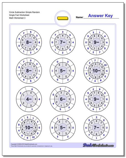 Circle Subtraction Simple Random Single Fact Worksheet