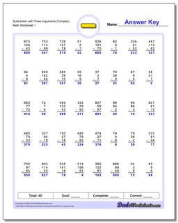 Subtraction Worksheet with Three Arguments (Complex)