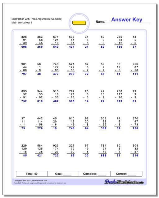 Subtraction Worksheet with Three Arguments (Complex)