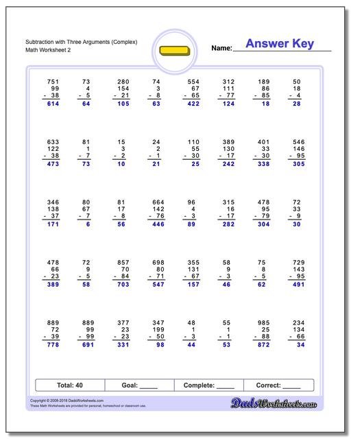 Subtraction Worksheet with Three Arguments (Complex) www.dadsworksheets.com/worksheets/subtraction.html