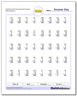 Subtraction Worksheet with Three Arguments (Complex)