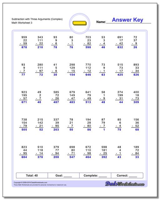 Subtraction Worksheet with Three Arguments (Complex)