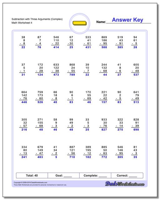 Subtraction Worksheet with Three Arguments (Complex)