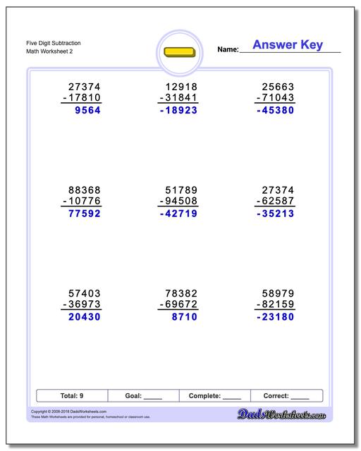 Five Digit Subtraction Worksheet www.dadsworksheets.com/worksheets/subtraction.html
