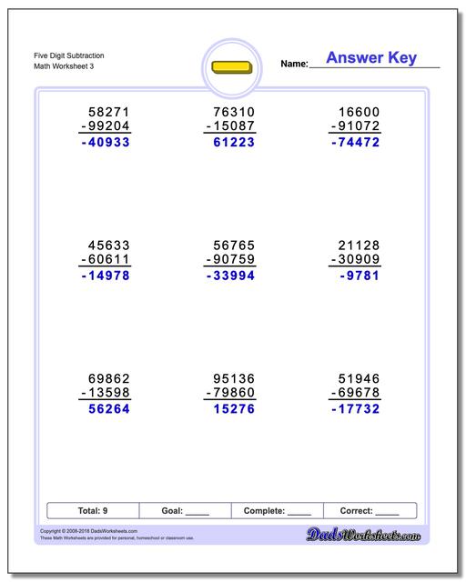 Five Digit Subtraction Worksheet