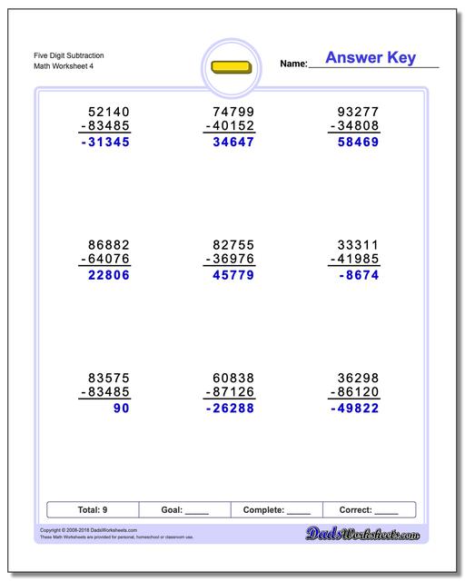 Five Digit Subtraction Worksheet