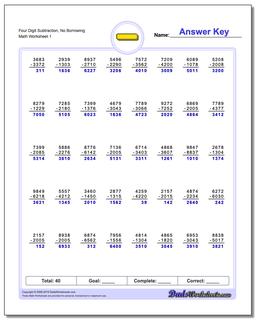 Subtraction Worksheet Four Digit No Borrowing