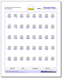 Four Digit Subtraction Worksheet, No Borrowing