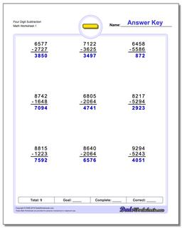 Subtraction Worksheet Four Digit