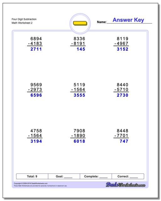Four Digit Subtraction Worksheet www.dadsworksheets.com/worksheets/subtraction.html