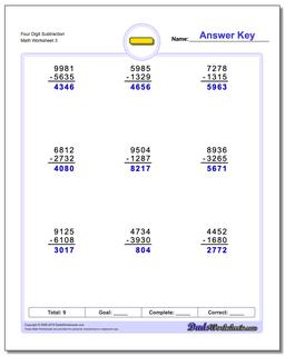 Four Digit Subtraction Worksheet