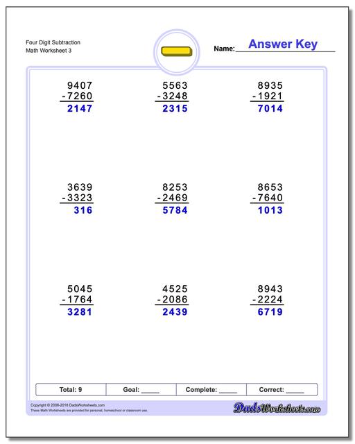 Four Digit Subtraction Worksheet