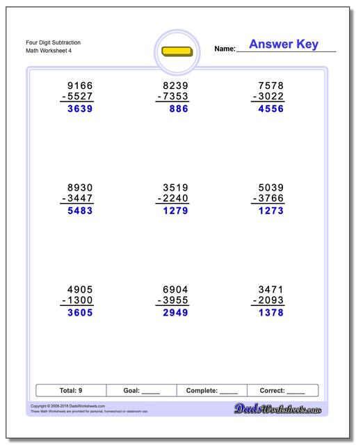 Four Digit Subtraction Worksheet