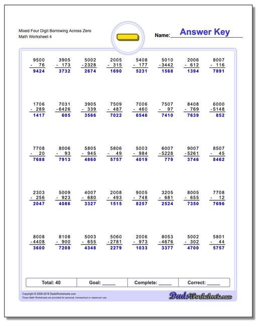 Worksheets Subtracting Across Zeros Worksheet borrowing across zero mixed four digit worksheet