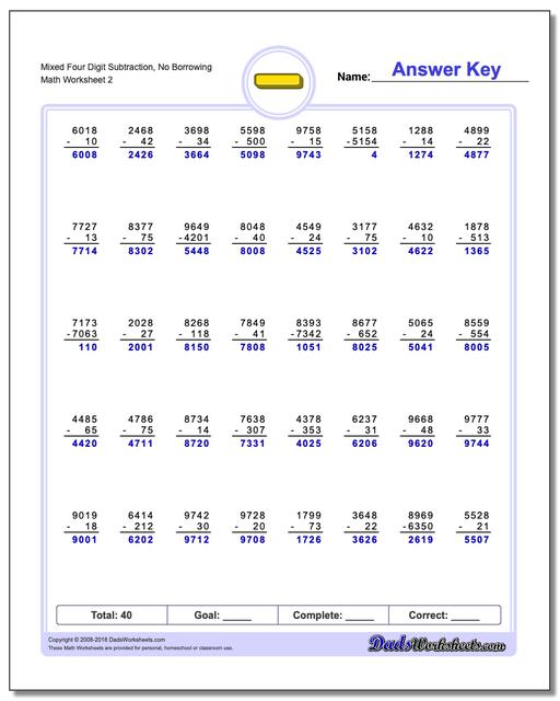 Mixed Four Digit Subtraction Worksheet, No Borrowing www.dadsworksheets.com/worksheets/subtraction.html