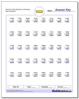 Mixed Four Digit Subtraction Worksheet, No Borrowing