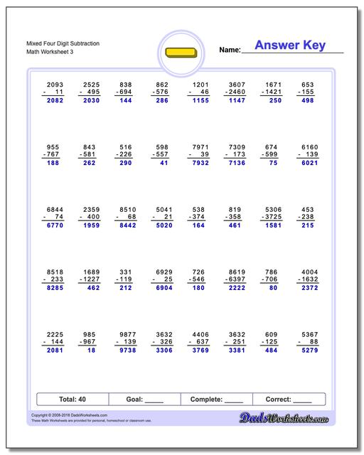 Mixed Four Digit Subtraction Worksheet