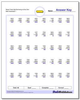 Mixed Three Digit Borrowing Across Zero Subtraction Worksheet