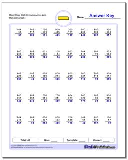 Mixed Three Digit Borrowing Across Zero Worksheet